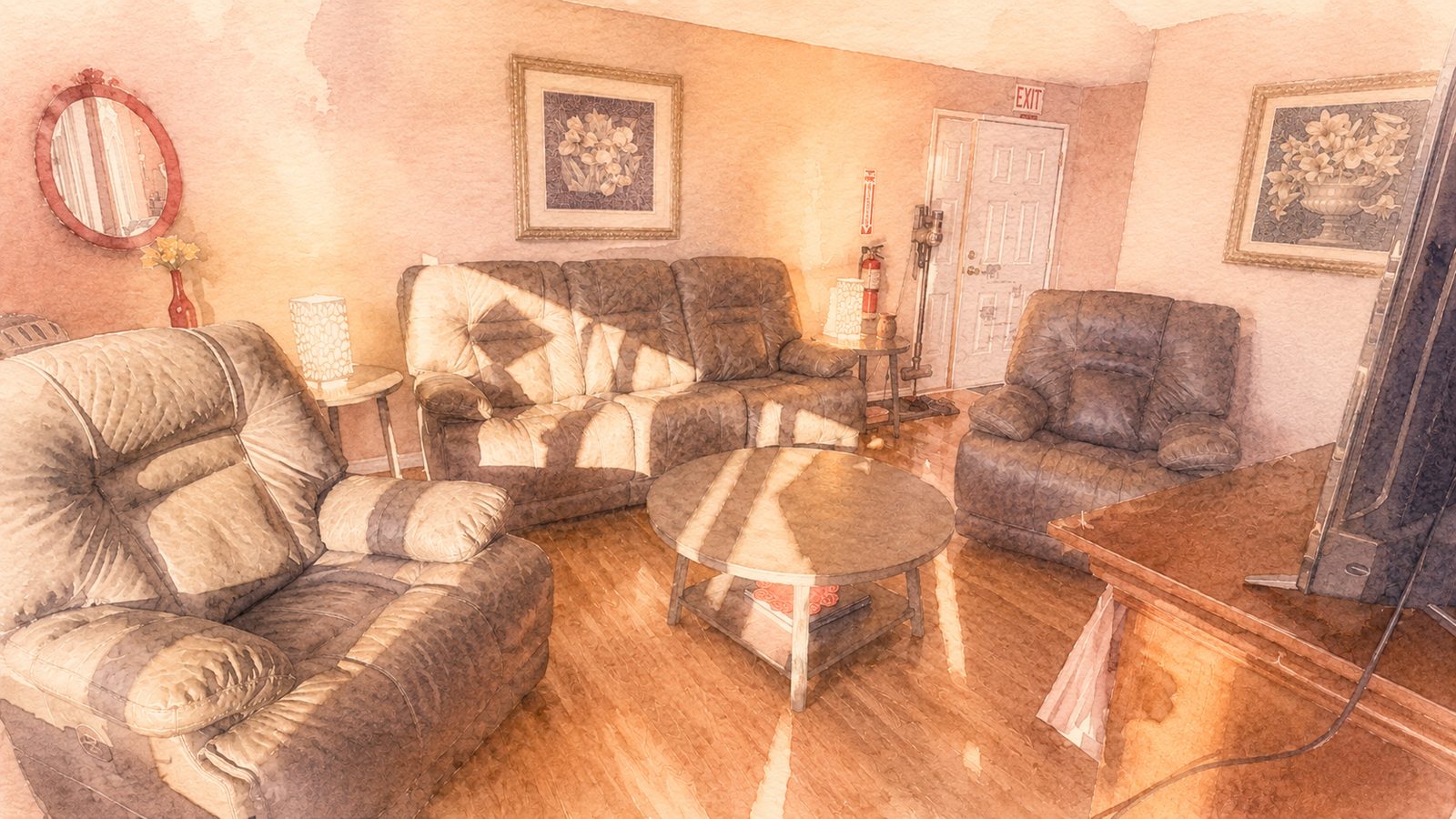 A soft watercolour illustration of a warm, welcoming living room with comfortable couches and soft light. No people shown.