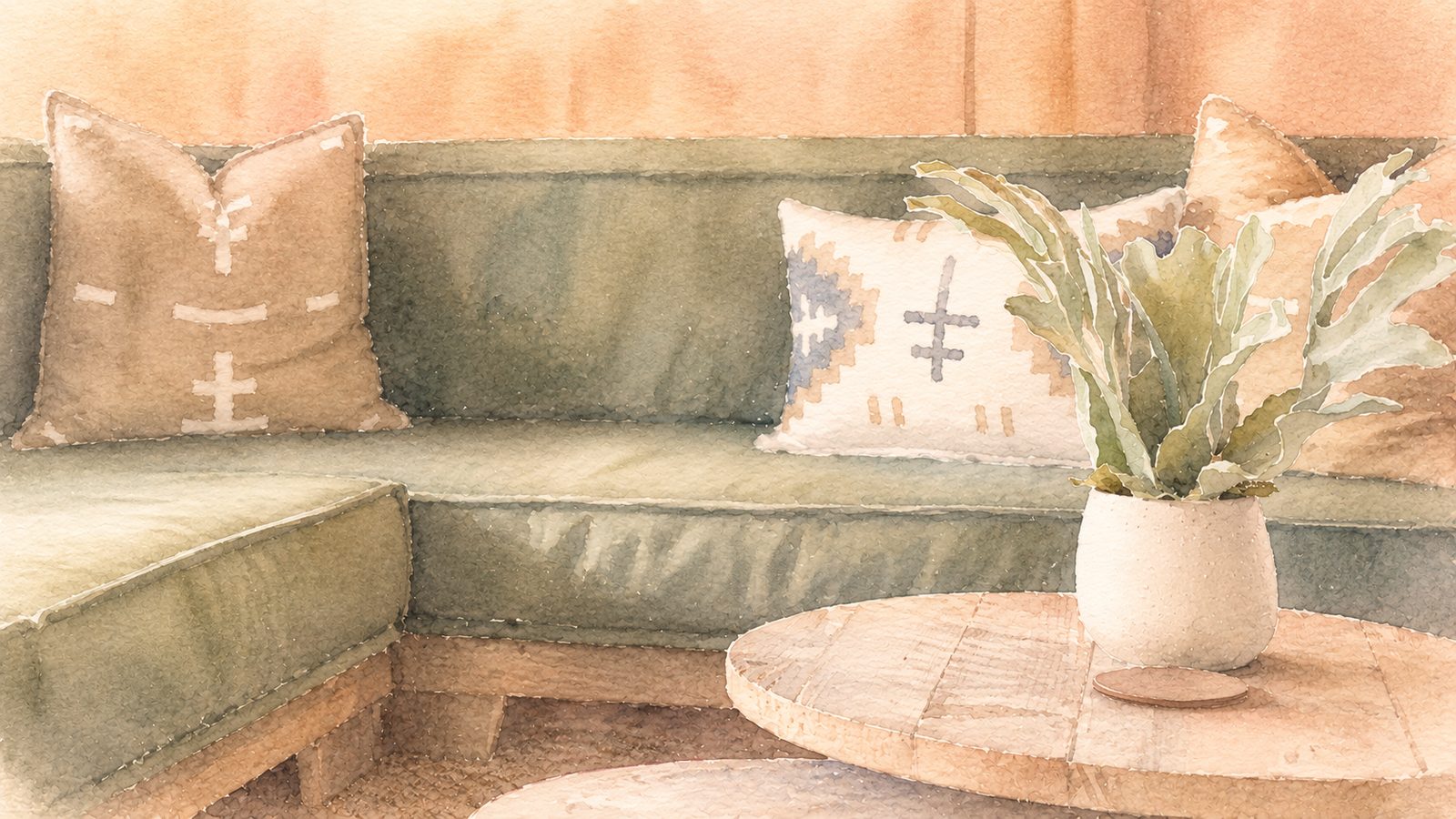 A warm watercolour illustration of a cosy sitting room with a soft green couch, cushions, a potted plant, and a wooden table. A calm, welcoming space. No people shown.