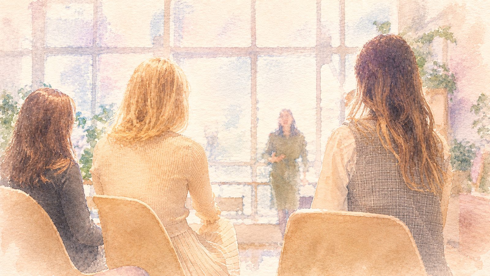 A soft watercolour illustration of a small group of women seated from behind at a workshop, listening to a facilitator by a bright window. A calm, welcoming learning space.