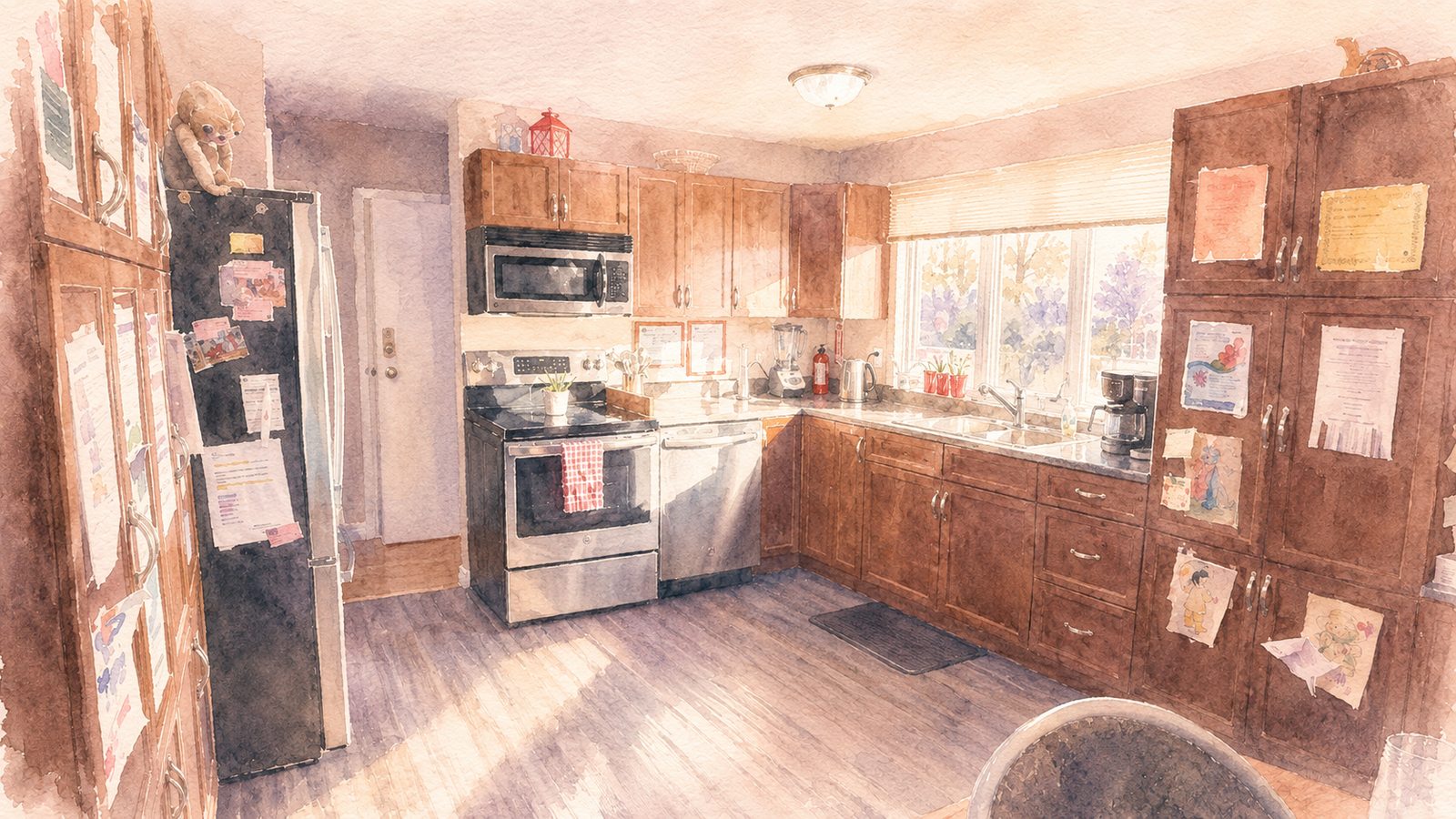 A soft watercolour illustration of a warm, lived-in kitchen with children's drawings on the fridge and sunlight through the window. No people shown.