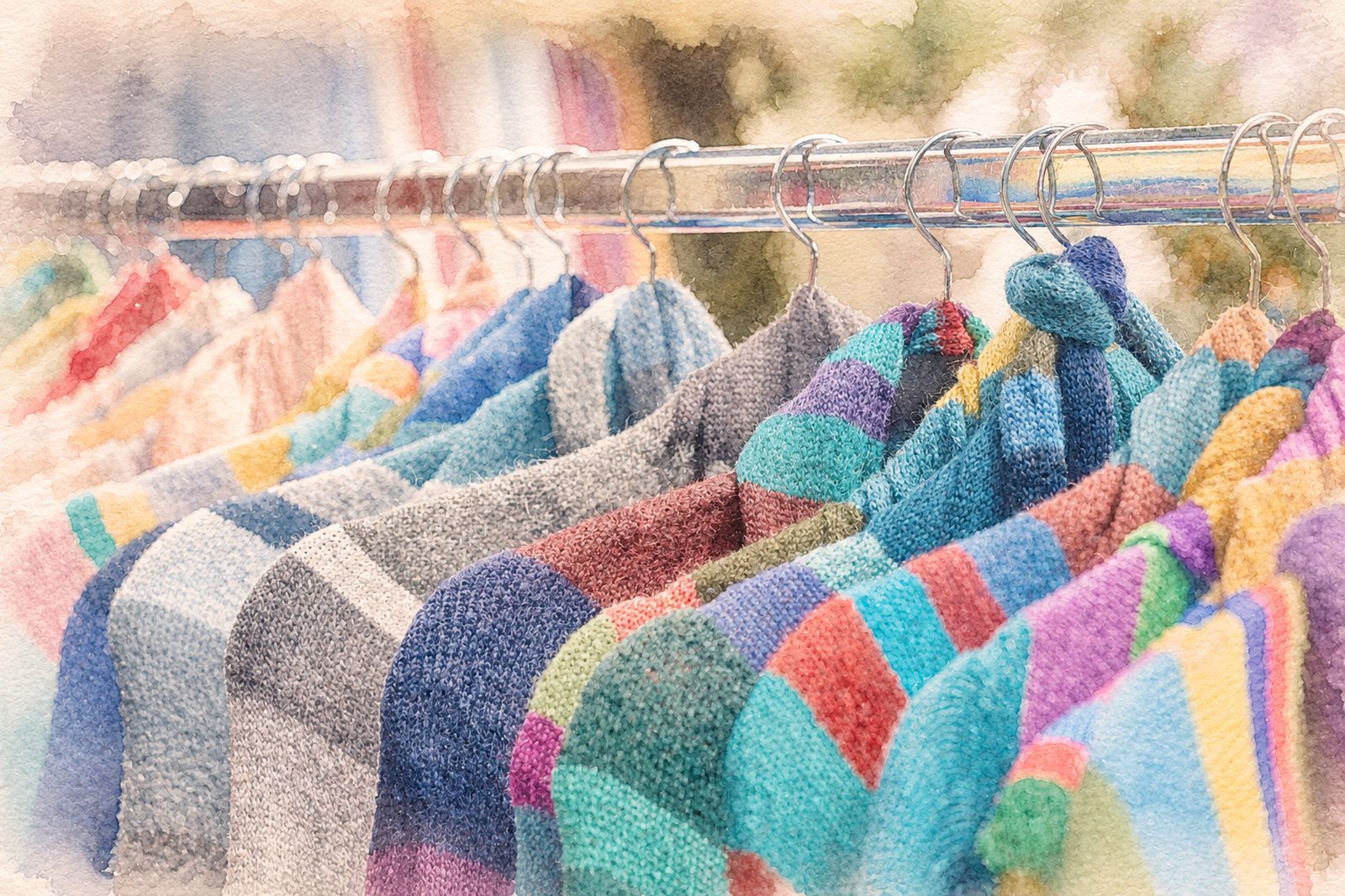 A soft watercolour illustration of colourful knitted garments on a clothing rack at the free store, the work donations support. No people shown.
