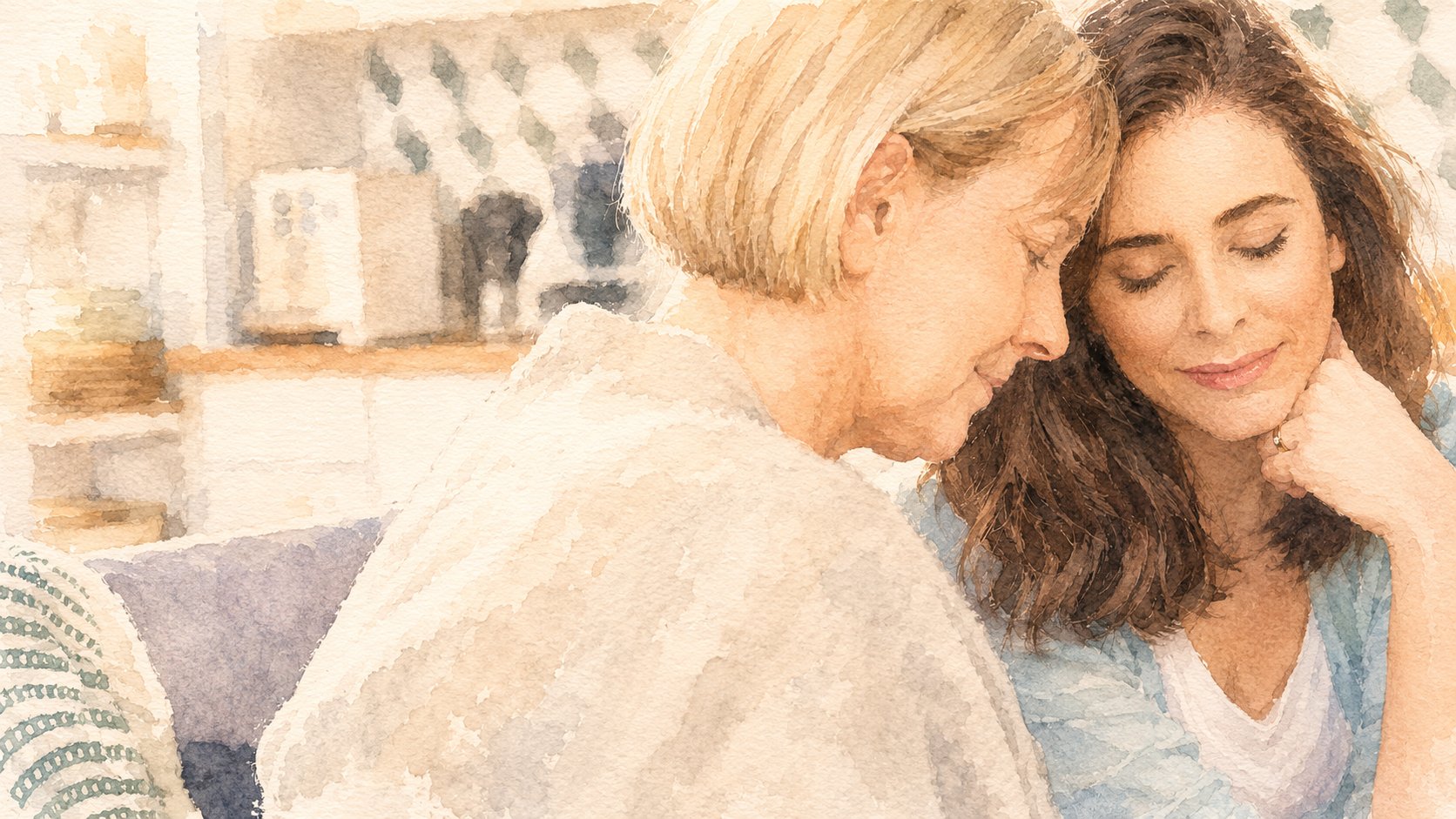 A soft watercolour illustration of one woman gently comforting another in a warm living room.