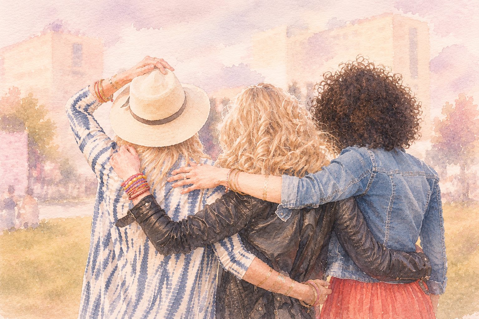 A soft watercolour illustration of three women standing arm in arm outdoors, seen from behind. No faces shown.