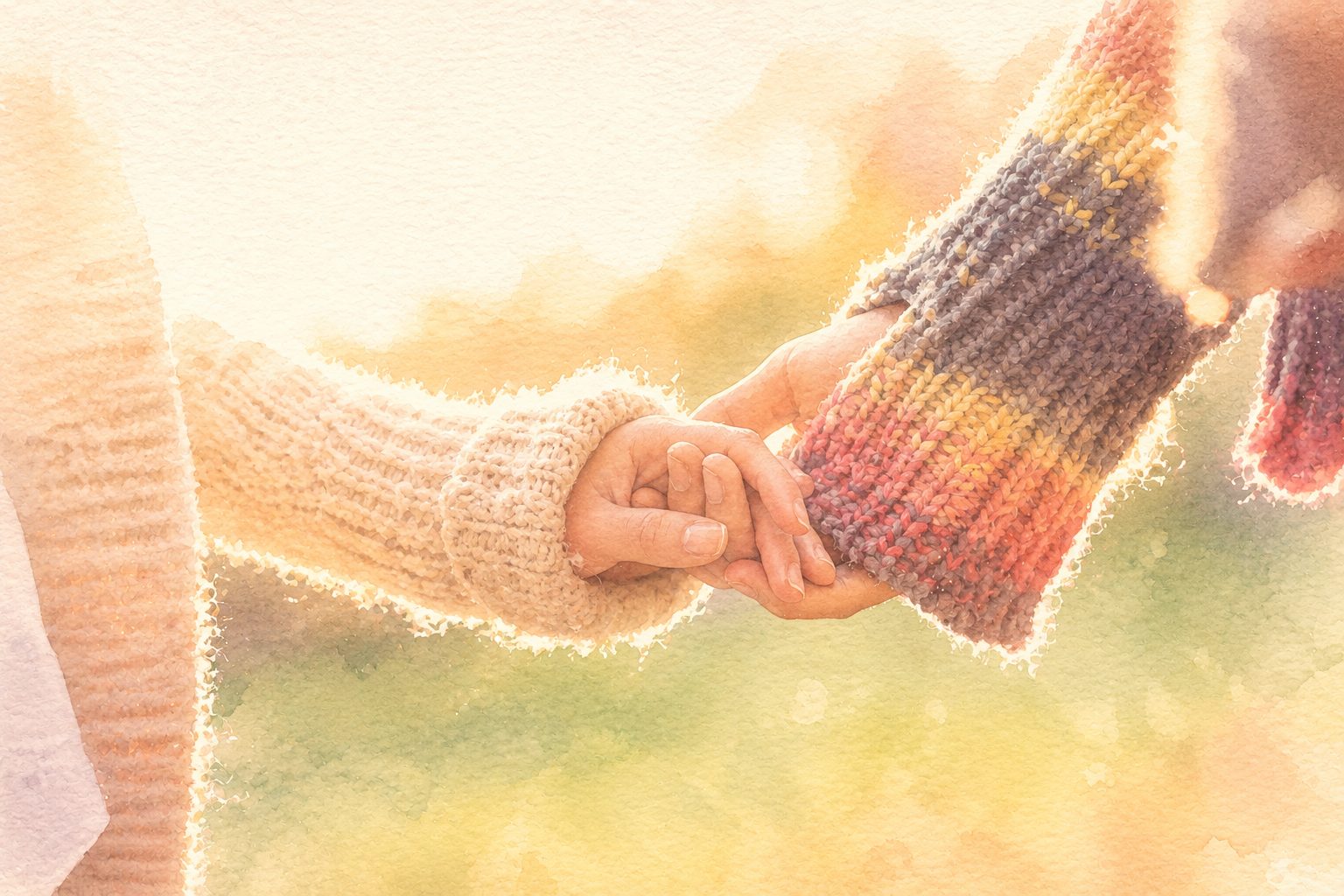 A soft watercolour illustration of two hands gently holding one another in a gesture of support. No faces shown.