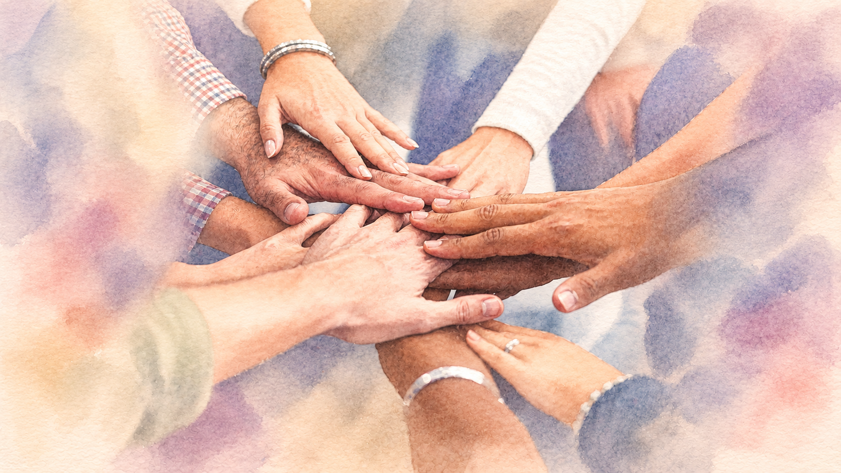 Watercolour illustration of a diverse group of hands joining together.