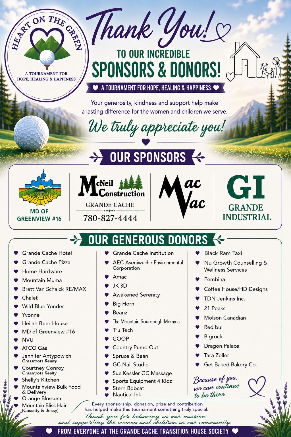 Heart on the Green thank-you poster showing sponsor logos and donor names. The names are also listed in the section below.