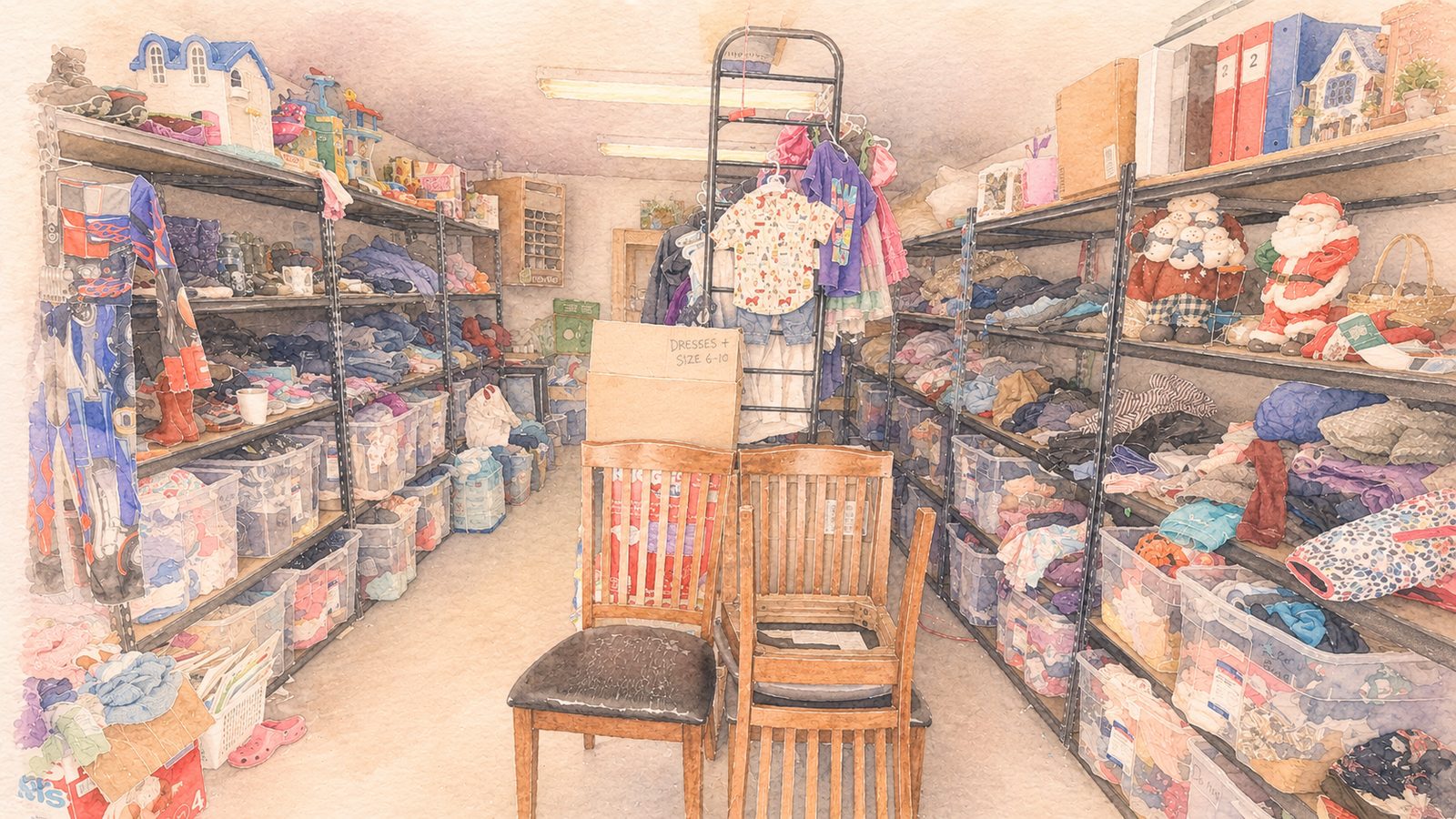 A warm watercolour illustration of the community free store, with shelves of neatly sorted clothing, toys, books, and household goods. No people shown.