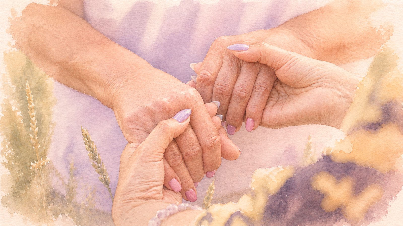 A soft watercolour illustration of two pairs of hands gently clasped together in a gesture of support and comfort. No faces shown.
