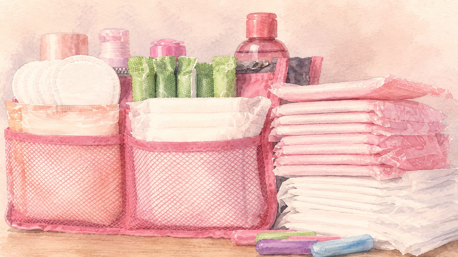 A soft watercolour illustration of period and personal-care products, including pads, tampons, and cotton pads, sorted neatly in mesh pockets. No people shown.