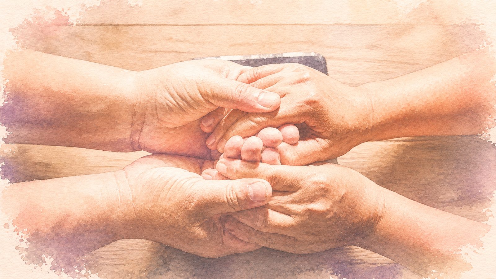 A soft watercolour illustration of two people holding hands in a gesture of comfort and support. No faces shown.