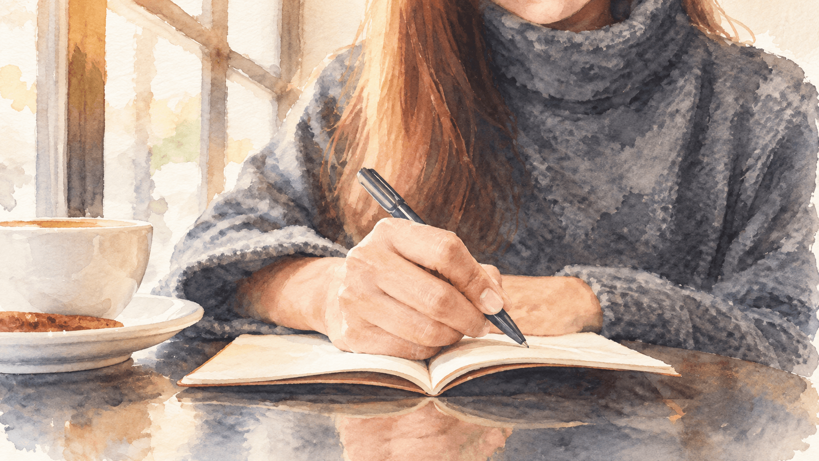 A watercolour illustration of a woman writing in a notebook beside a cup.